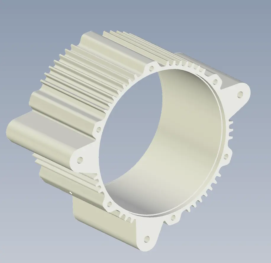 Top perspective view of CNC milled aluminum motor enclosure showing mounting lugs and internal bore