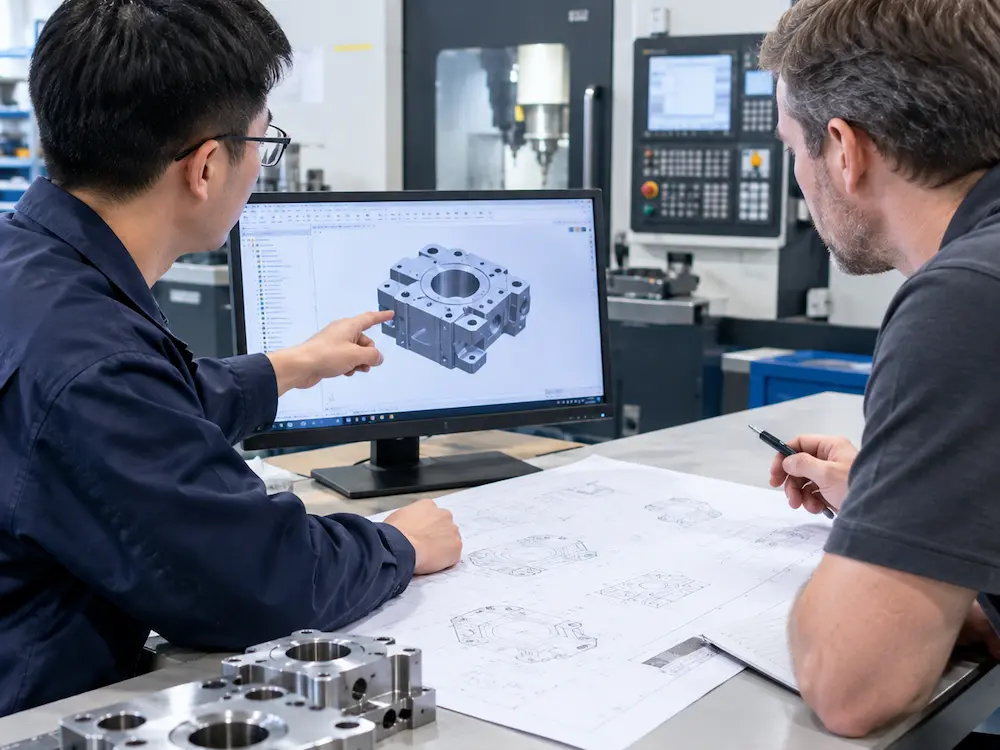 Engineers reviewing CAD drawings and precision CNC machined component specifications for a custom client project