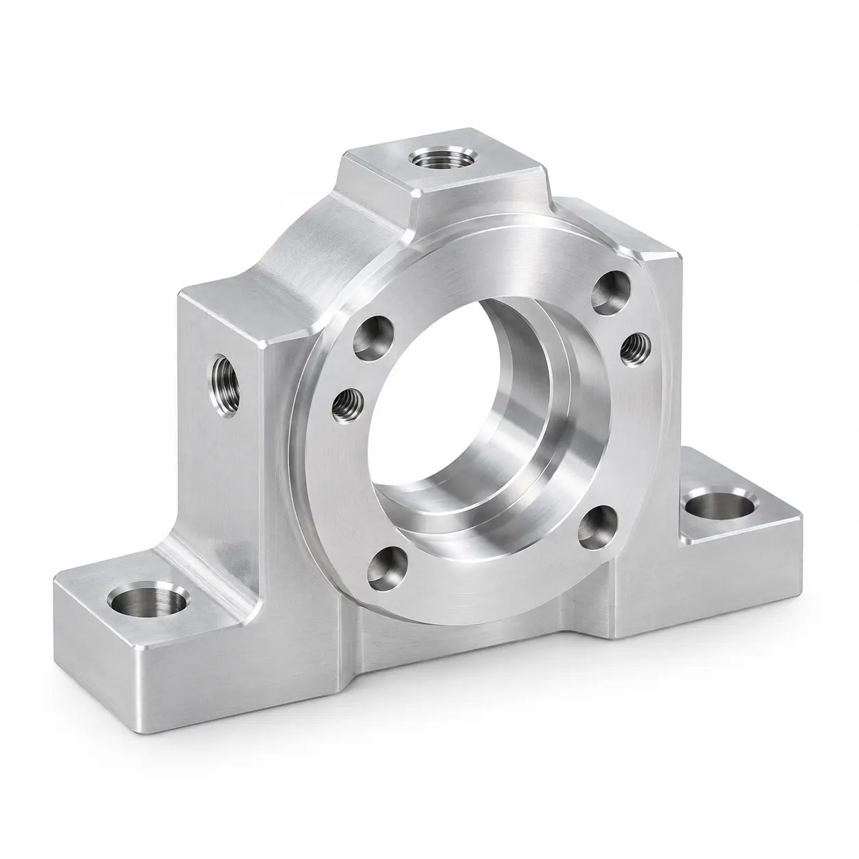 Custom CNC machined aluminum bearing housing block for industrial automation machinery