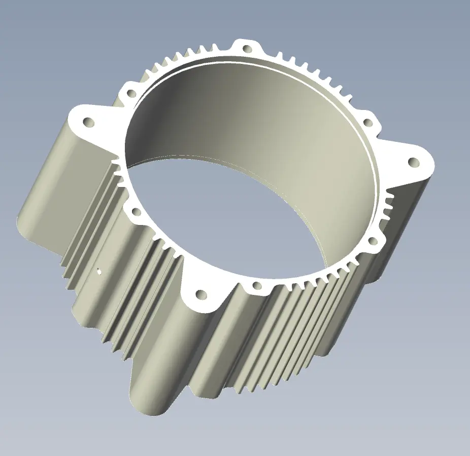 Side isometric view of precision aluminum heat sink motor casing for industrial equipment