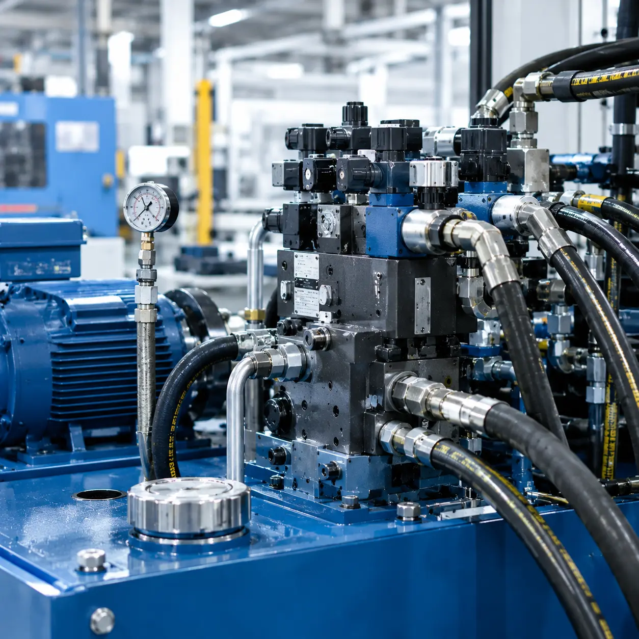 Custom hydraulic manifold block and fluid power system components for industrial machinery