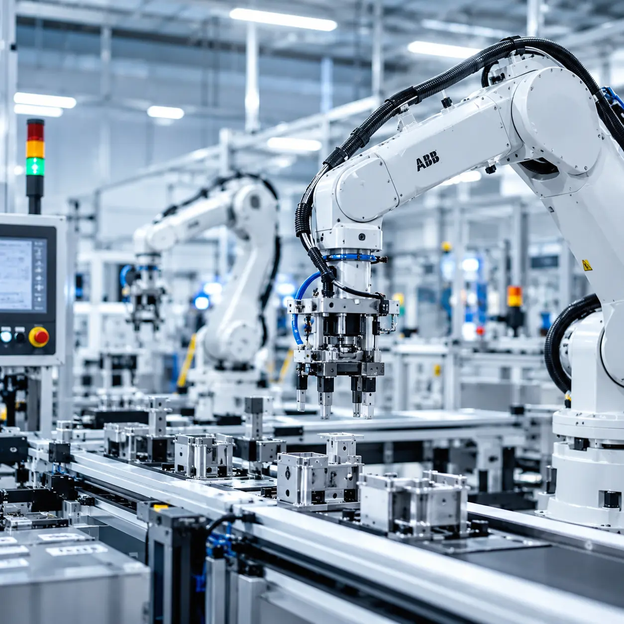 Automated production line with robotic arms for industrial automation and robotics assembly