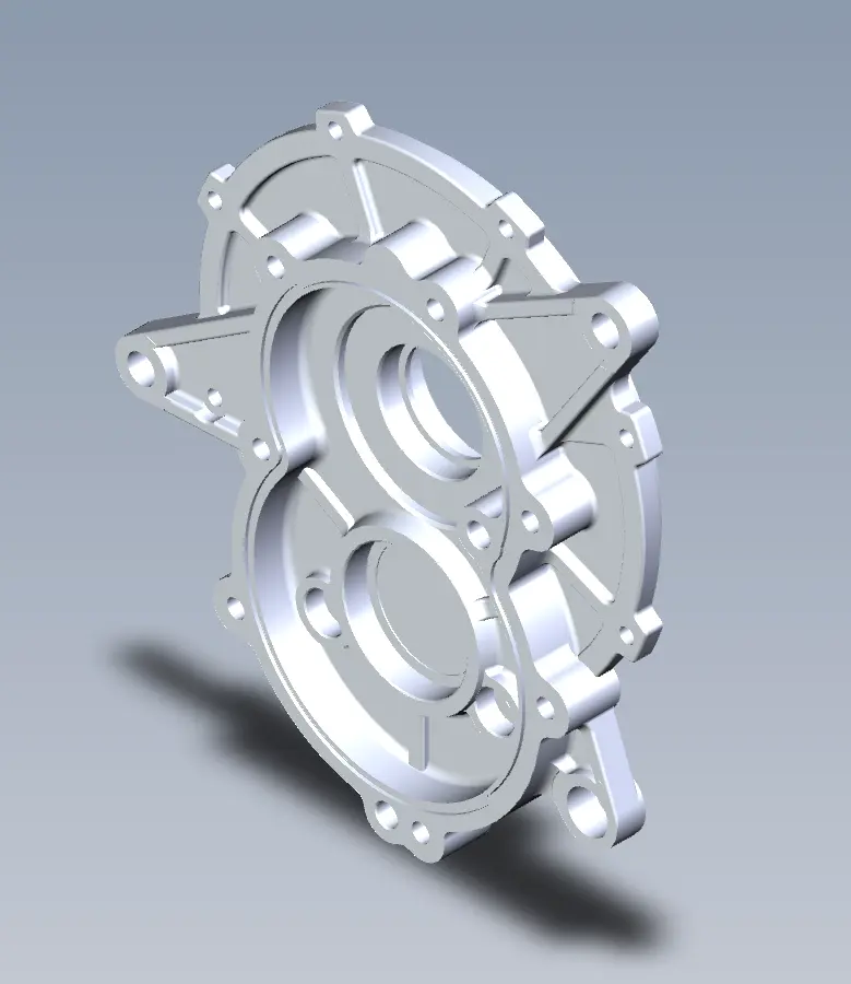 Custom CNC machined front cover plate with M8 threaded holes and dual shaft bore by Qiming Machinery